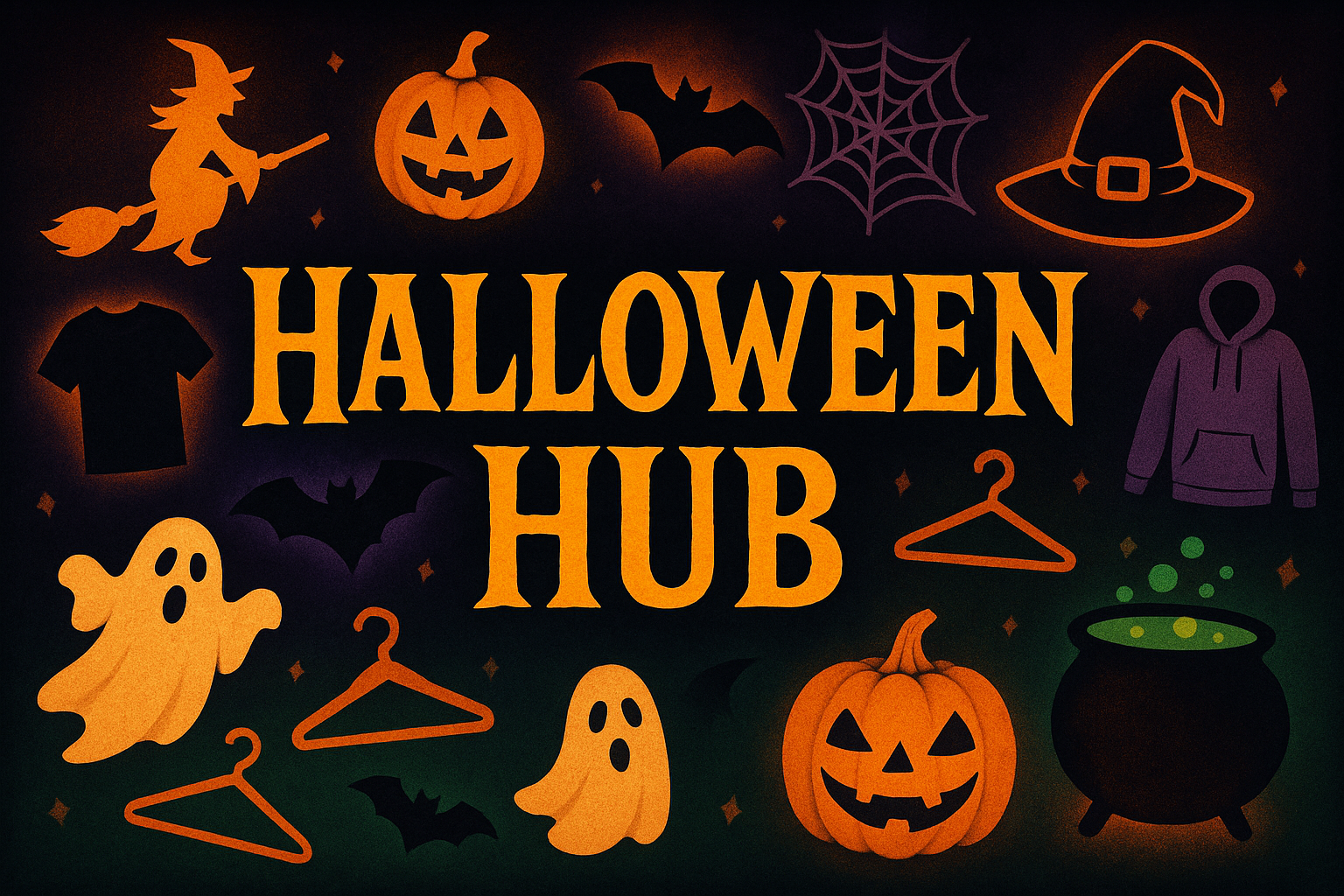 Halloween Hub is written, pumpkins, witches and clothing items in orange