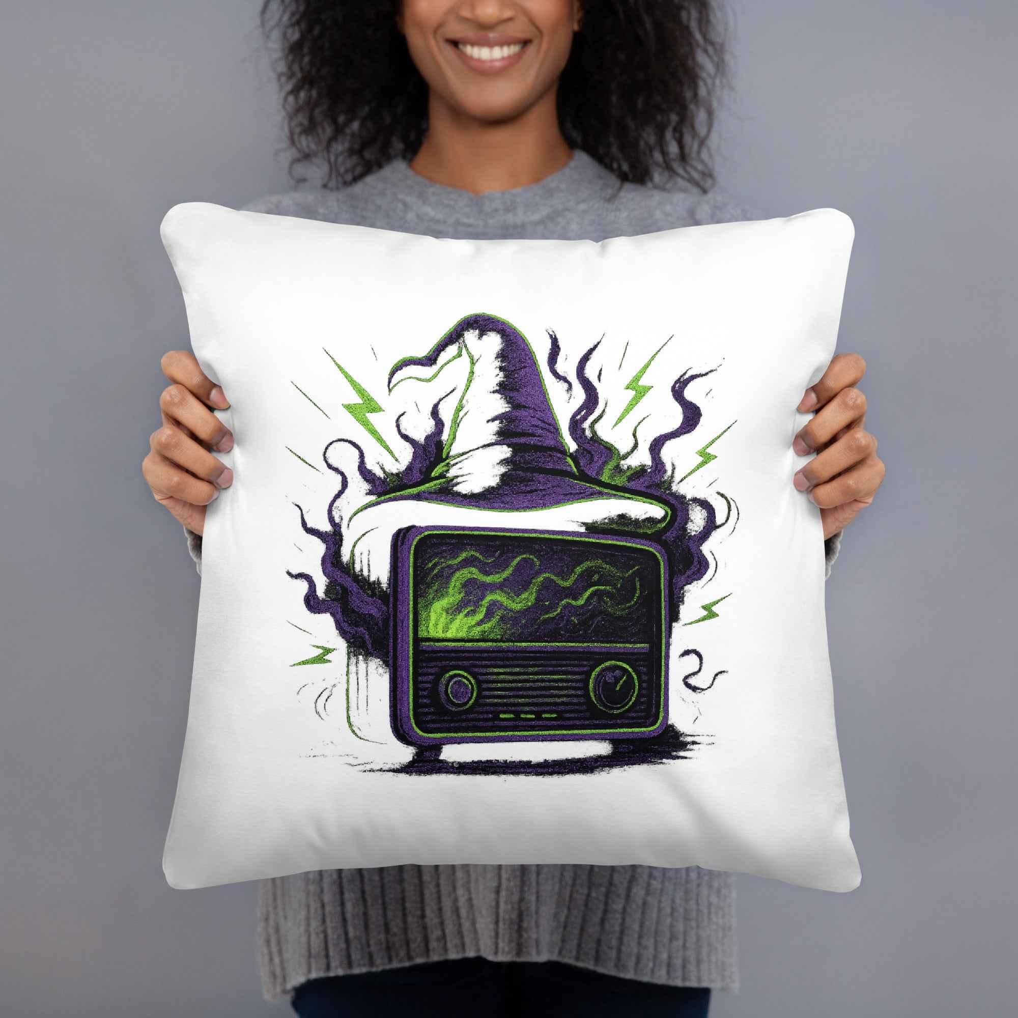 Model wearing a Witching Hour Radio shirt with retro haunted radio design