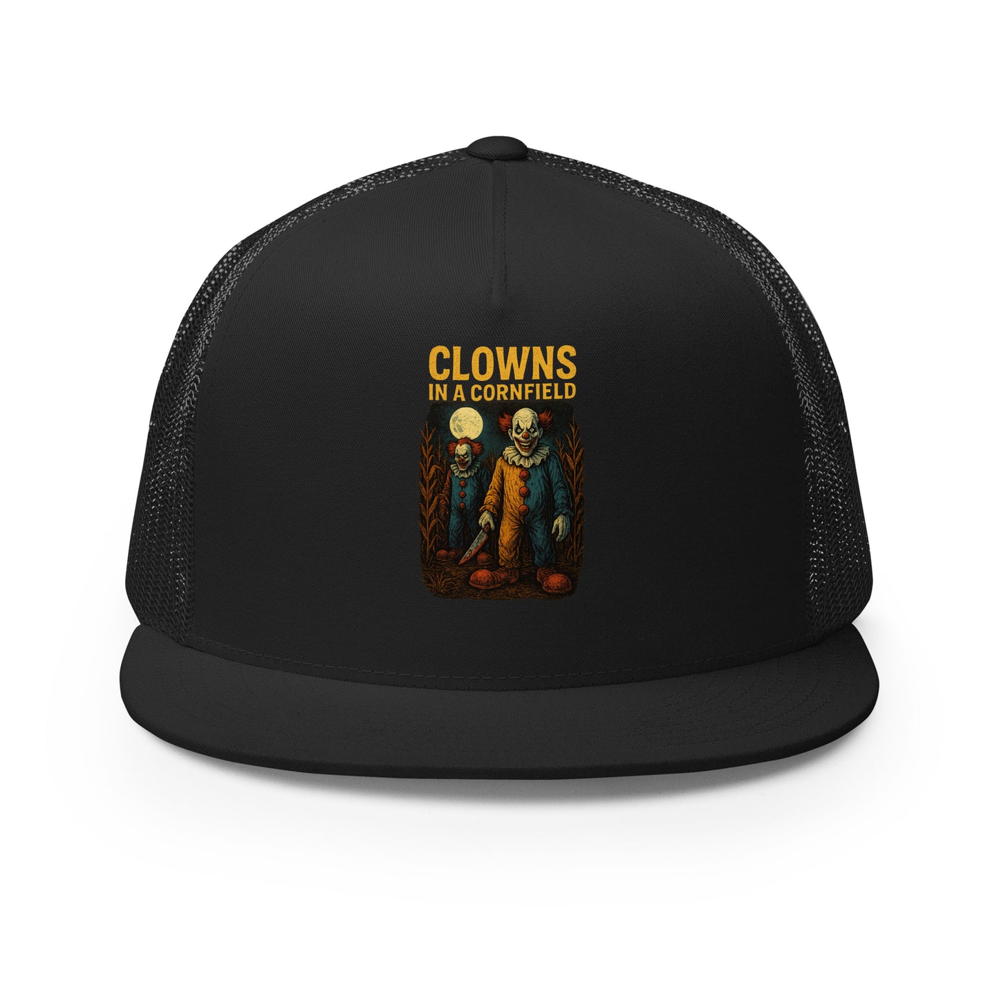 Clowns in a Cornfield Trucker Cap from Rare Plus Apparel – unique movie & pop culture inspired design.