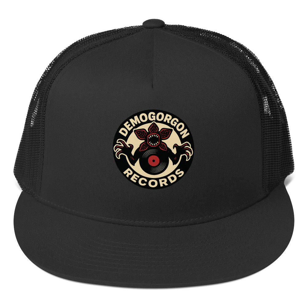 Demogorgon Records Trucker Cap from Rare Plus Apparel – unique movie & pop culture inspired design.