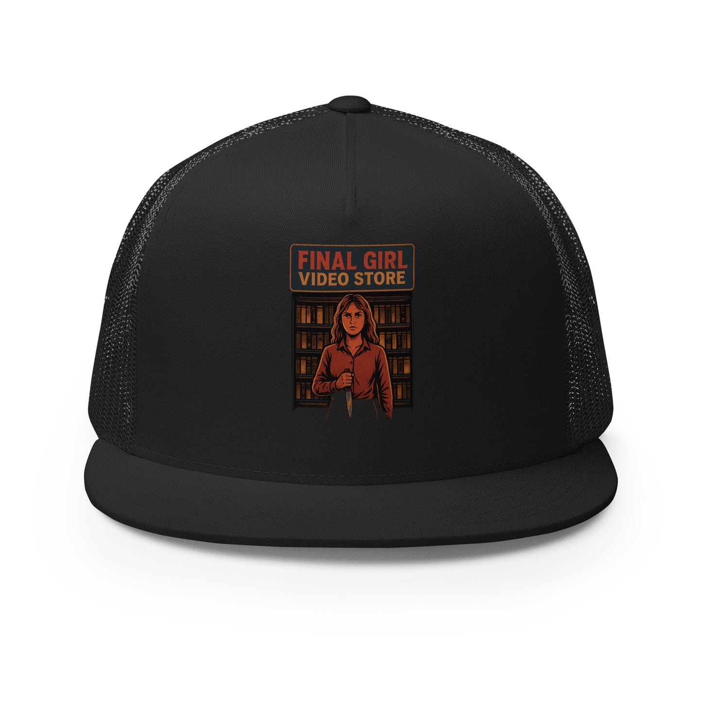 Final Girl Video Store Trucker Cap from Rare Plus Apparel – unique movie & pop culture inspired design.