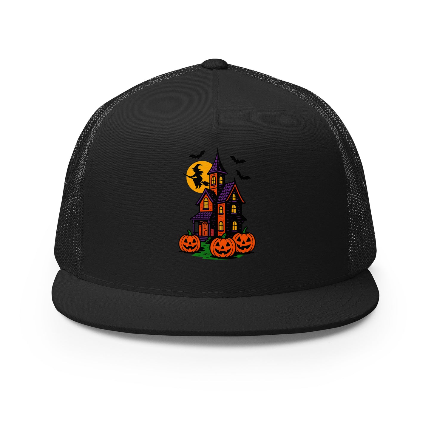 Haunted Halloween House Trucker Cap from Rare Plus Apparel – unique movie & pop culture inspired design.