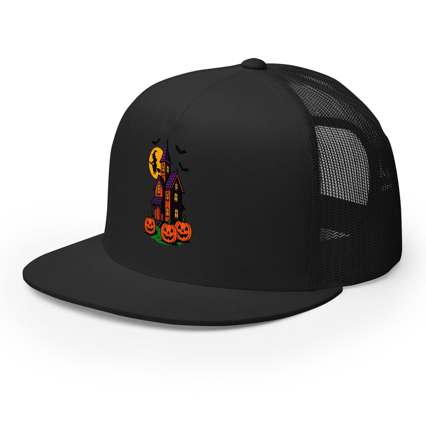 Haunted Halloween House Trucker Cap from Rare Plus Apparel – unique movie & pop culture inspired design.