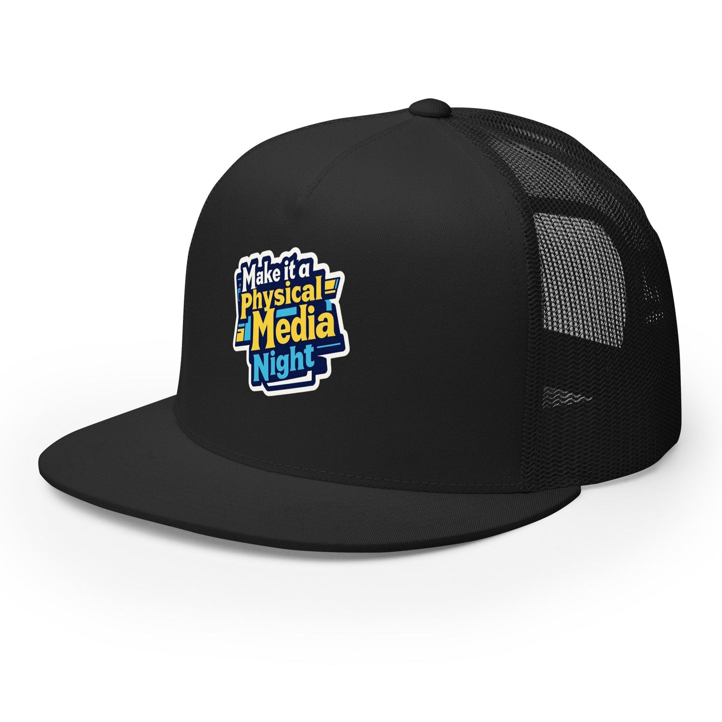 Make it a Physical Media Night Trucker Cap from Rare Plus Apparel – unique movie & pop culture inspired design.