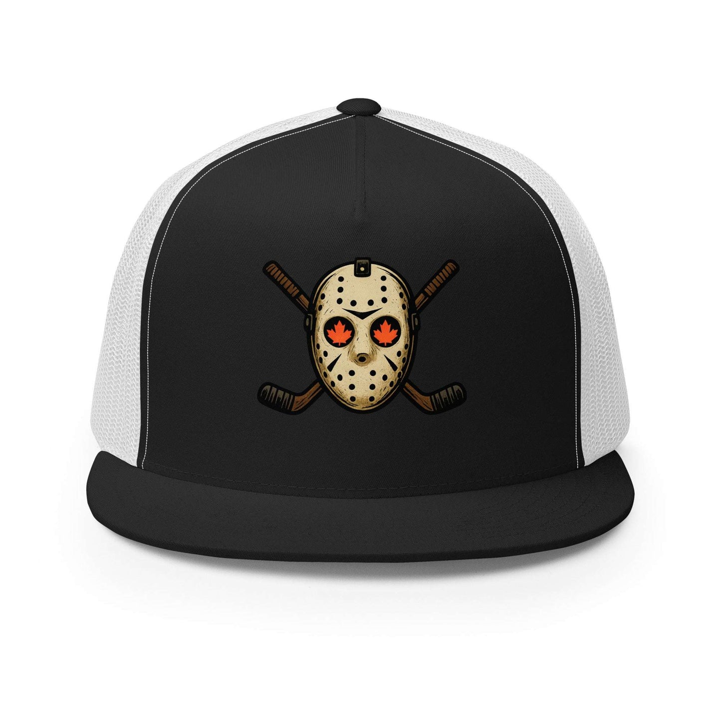 Hockey Mask Haunt Trucker Cap from Rare Plus Apparel – unique movie & pop culture inspired design.