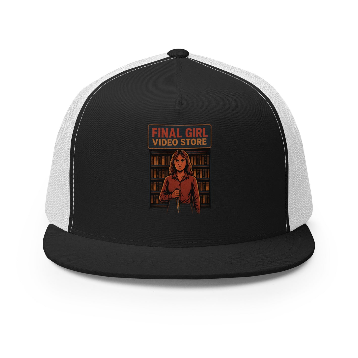 Final Girl Video Store Trucker Cap from Rare Plus Apparel – unique movie & pop culture inspired design.