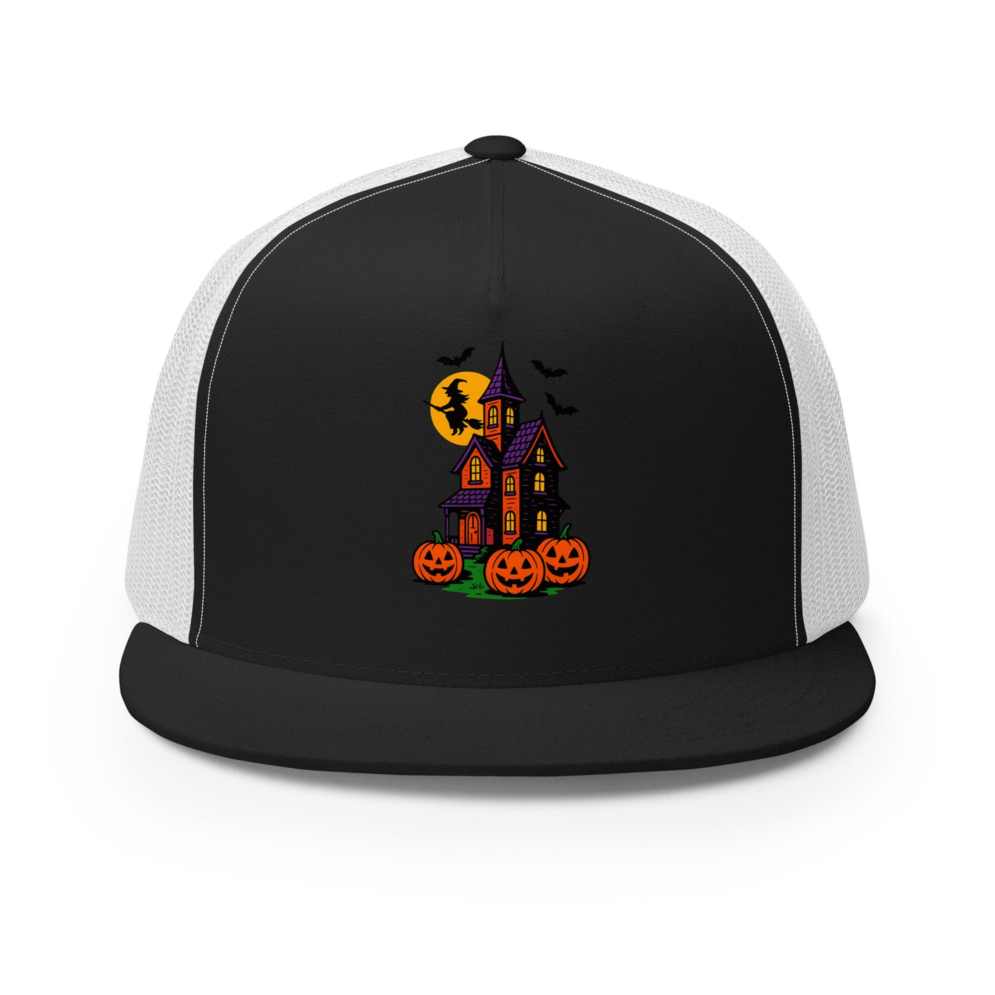 Haunted Halloween House Trucker Cap from Rare Plus Apparel – unique movie & pop culture inspired design.