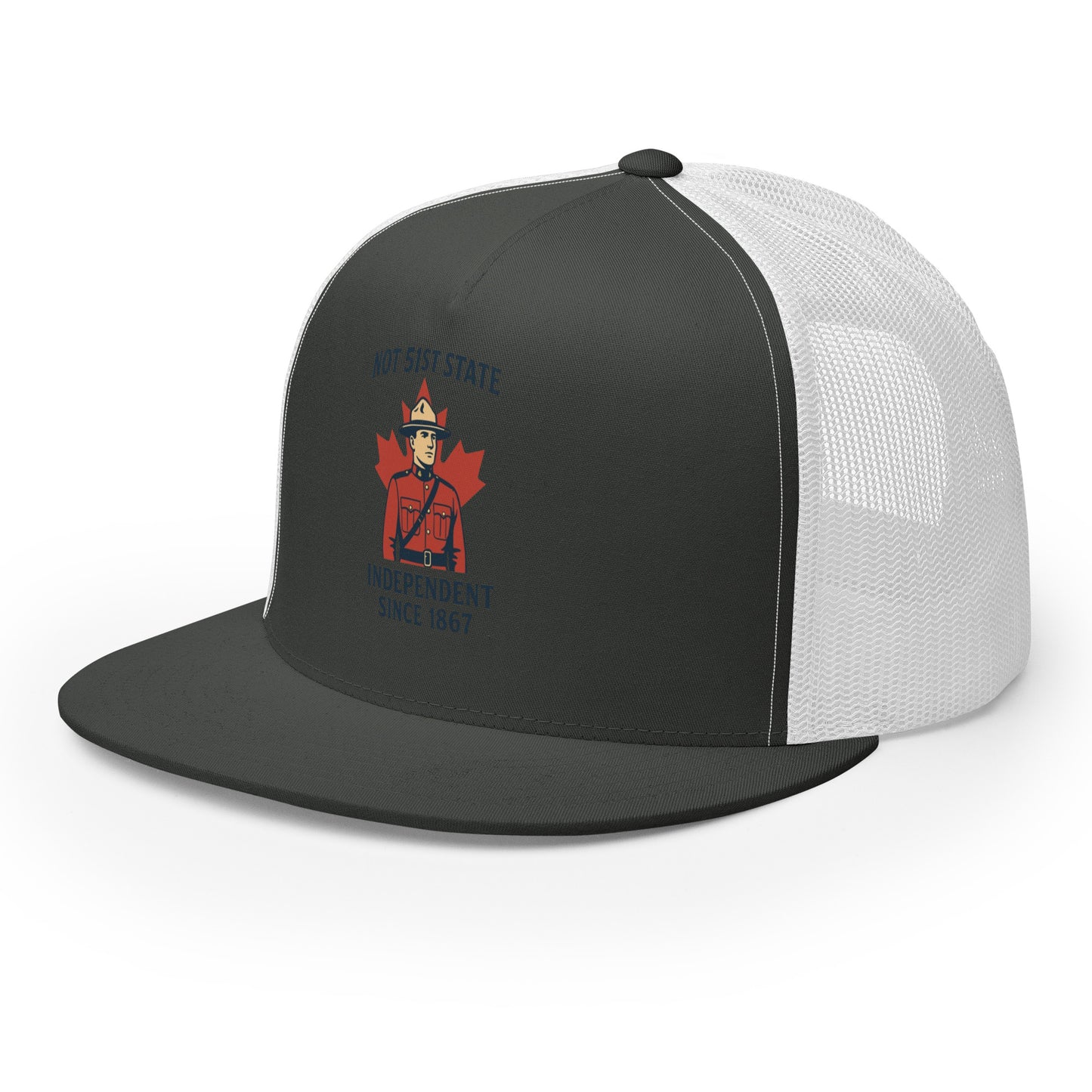 Not 51st State Mountie Trucker Cap from Rare Plus Apparel – unique movie & pop culture inspired design.