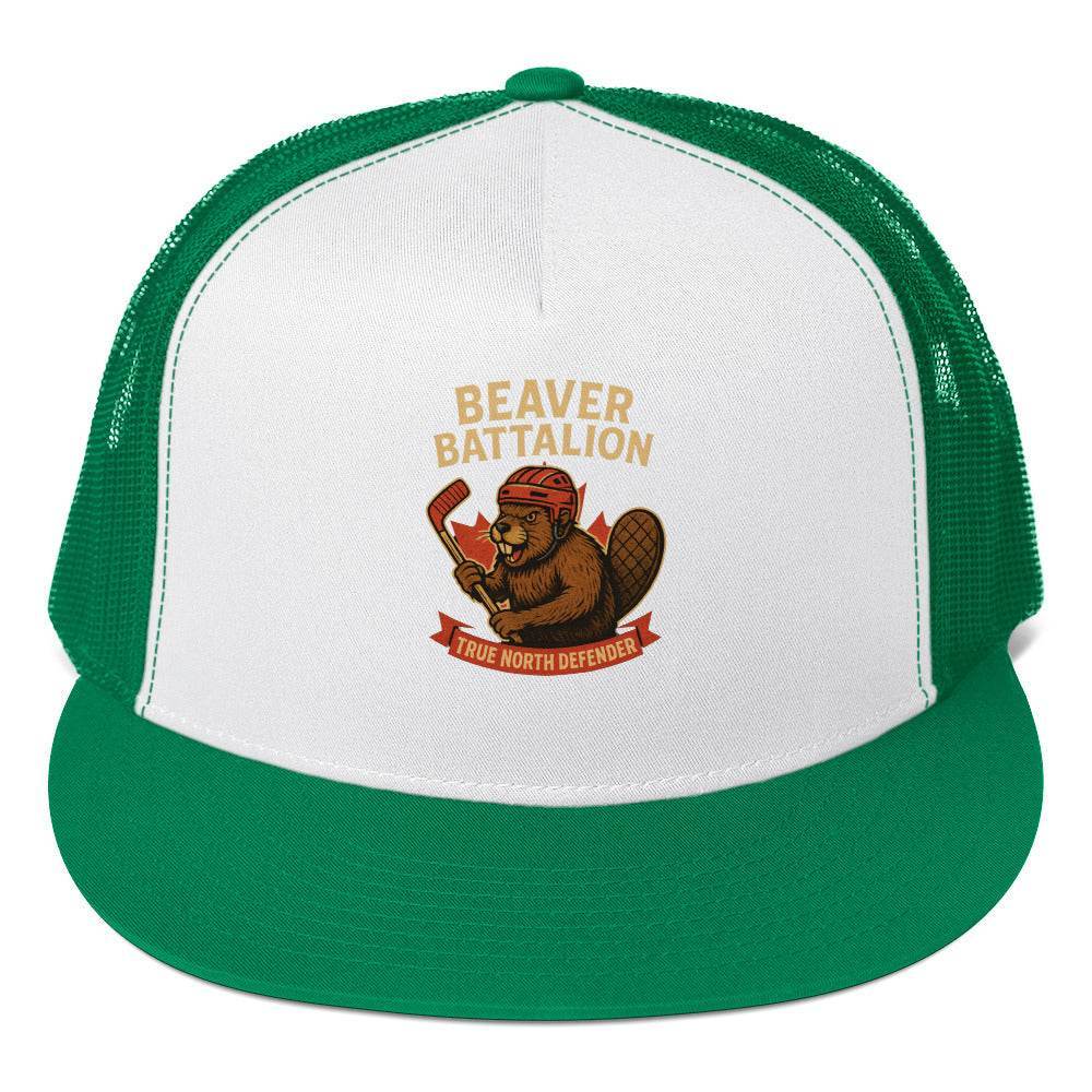 Beaver Battalion – True North Defender Trucker Cap from Rare Plus Apparel – unique movie & pop culture inspired design.