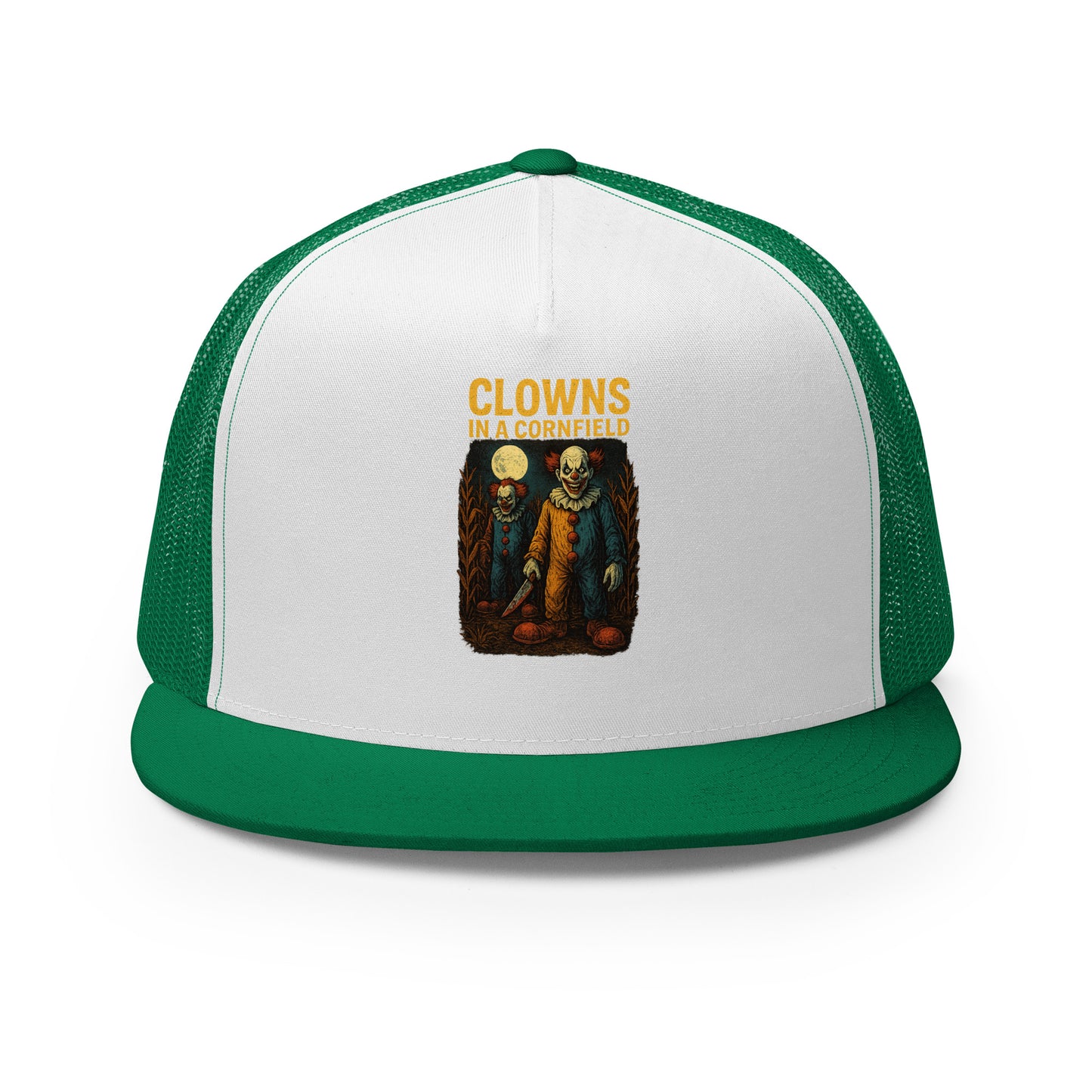 Clowns in a Cornfield Trucker Cap from Rare Plus Apparel – unique movie & pop culture inspired design.