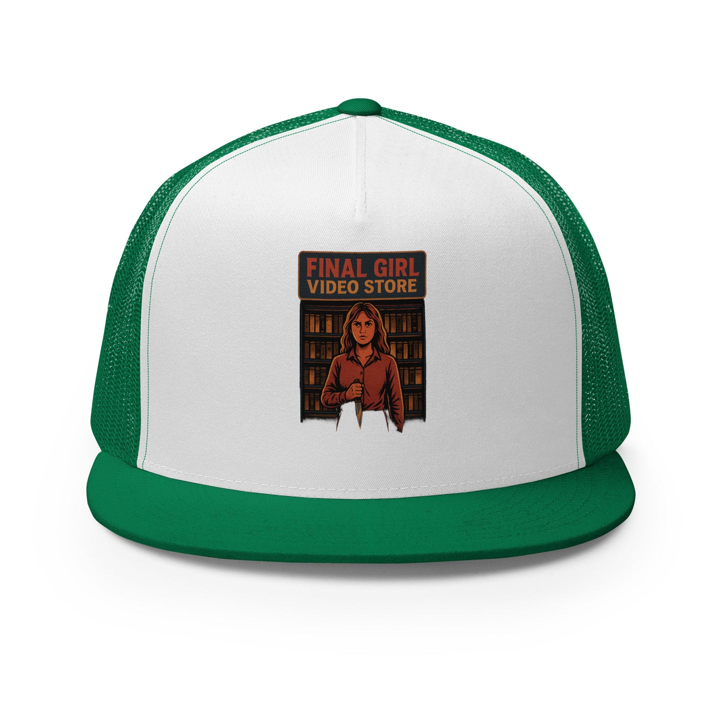 Final Girl Video Store Trucker Cap from Rare Plus Apparel – unique movie & pop culture inspired design.