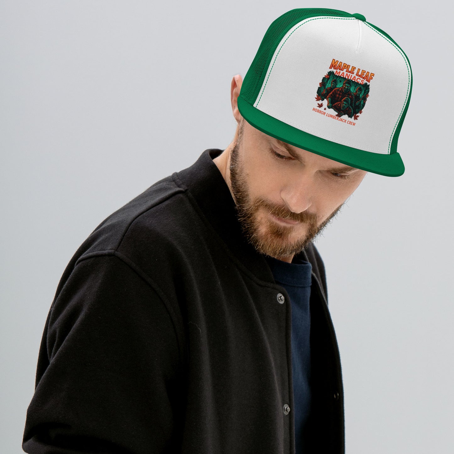 Maple Leaf Maniacs Trucker Cap from Rare Plus Apparel – unique movie & pop culture inspired design.