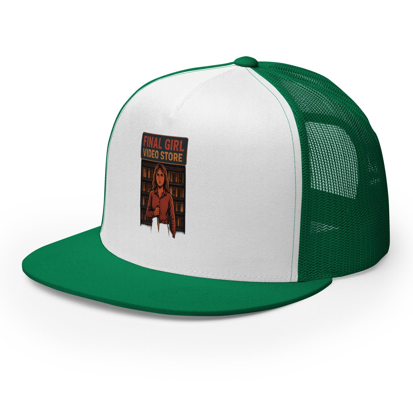 Final Girl Video Store Trucker Cap from Rare Plus Apparel – unique movie & pop culture inspired design.