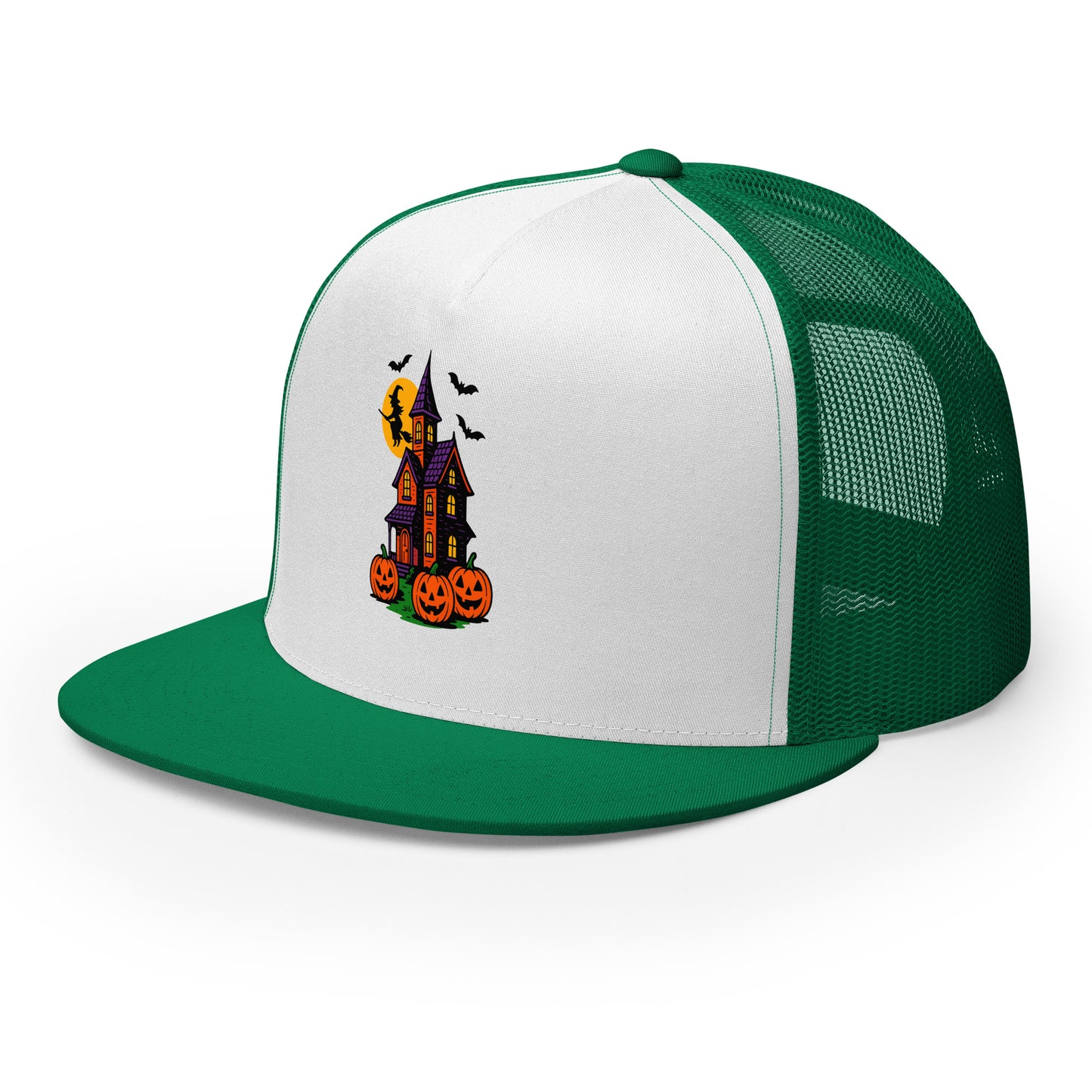 Haunted Halloween House Trucker Cap from Rare Plus Apparel – unique movie & pop culture inspired design.