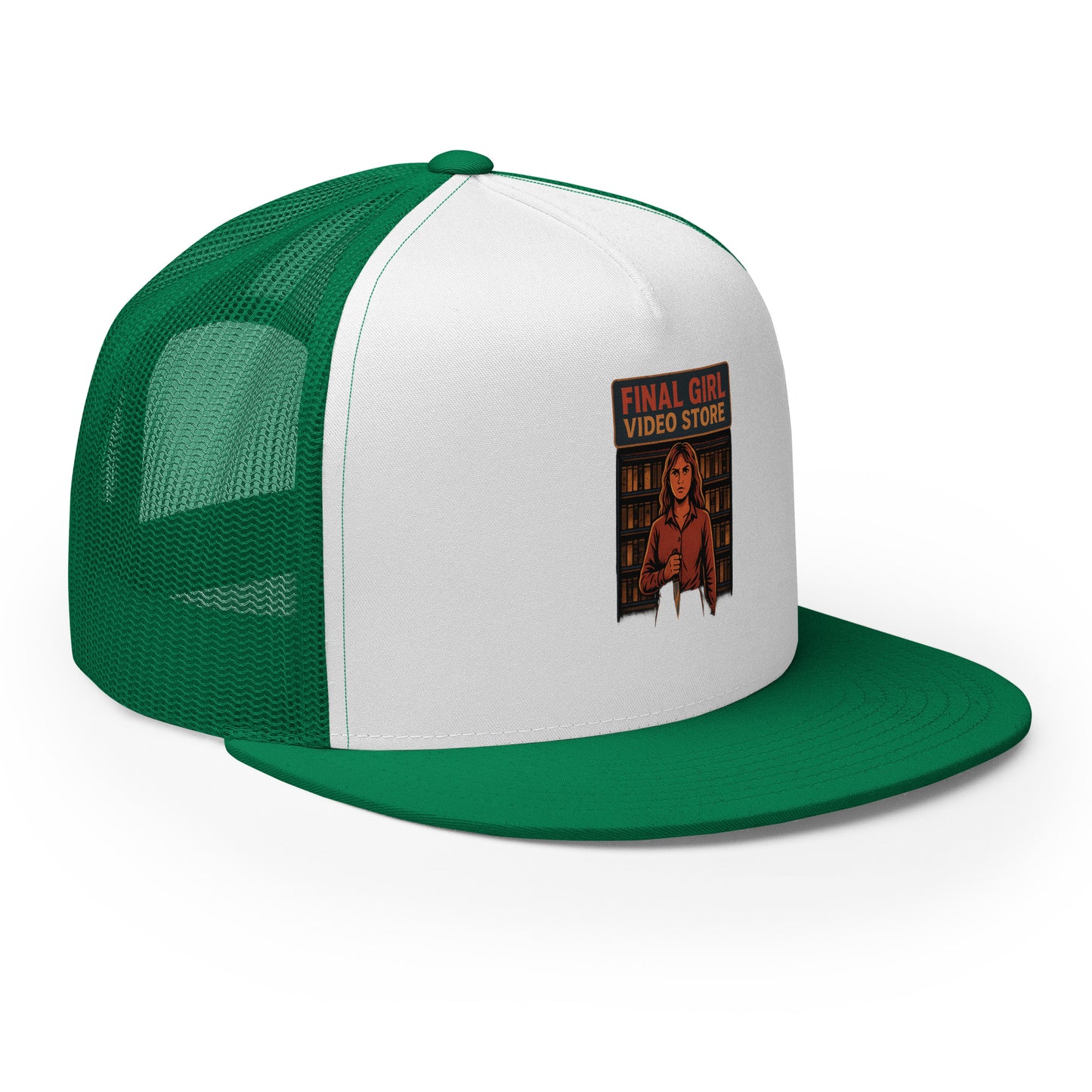Final Girl Video Store Trucker Cap from Rare Plus Apparel – unique movie & pop culture inspired design.