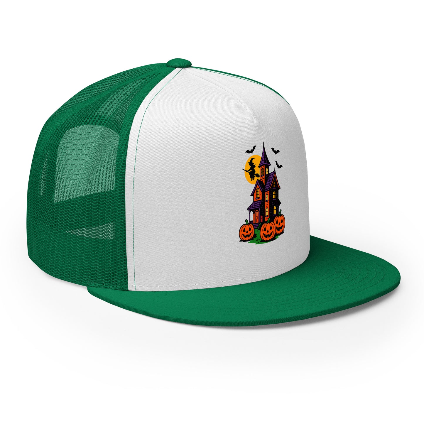 Haunted Halloween House Trucker Cap from Rare Plus Apparel – unique movie & pop culture inspired design.