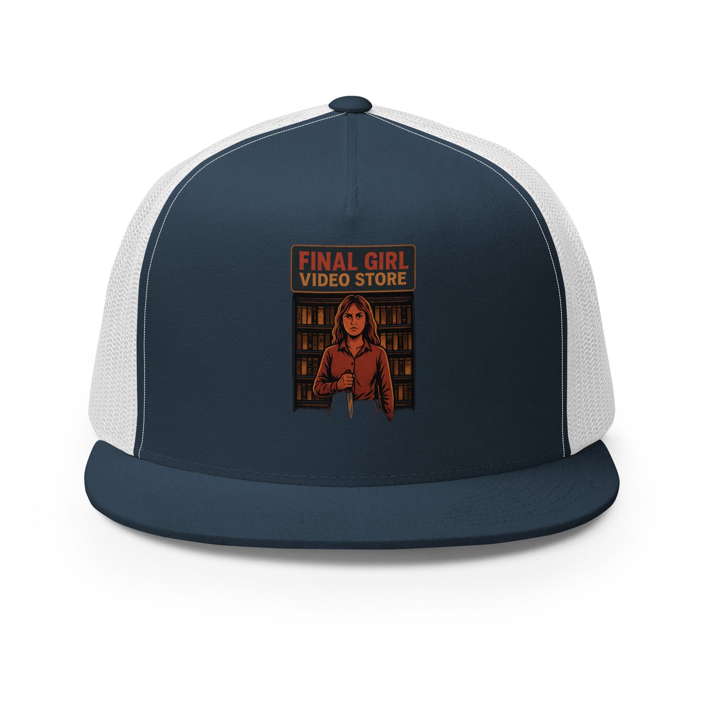 Final Girl Video Store Trucker Cap from Rare Plus Apparel – unique movie & pop culture inspired design.