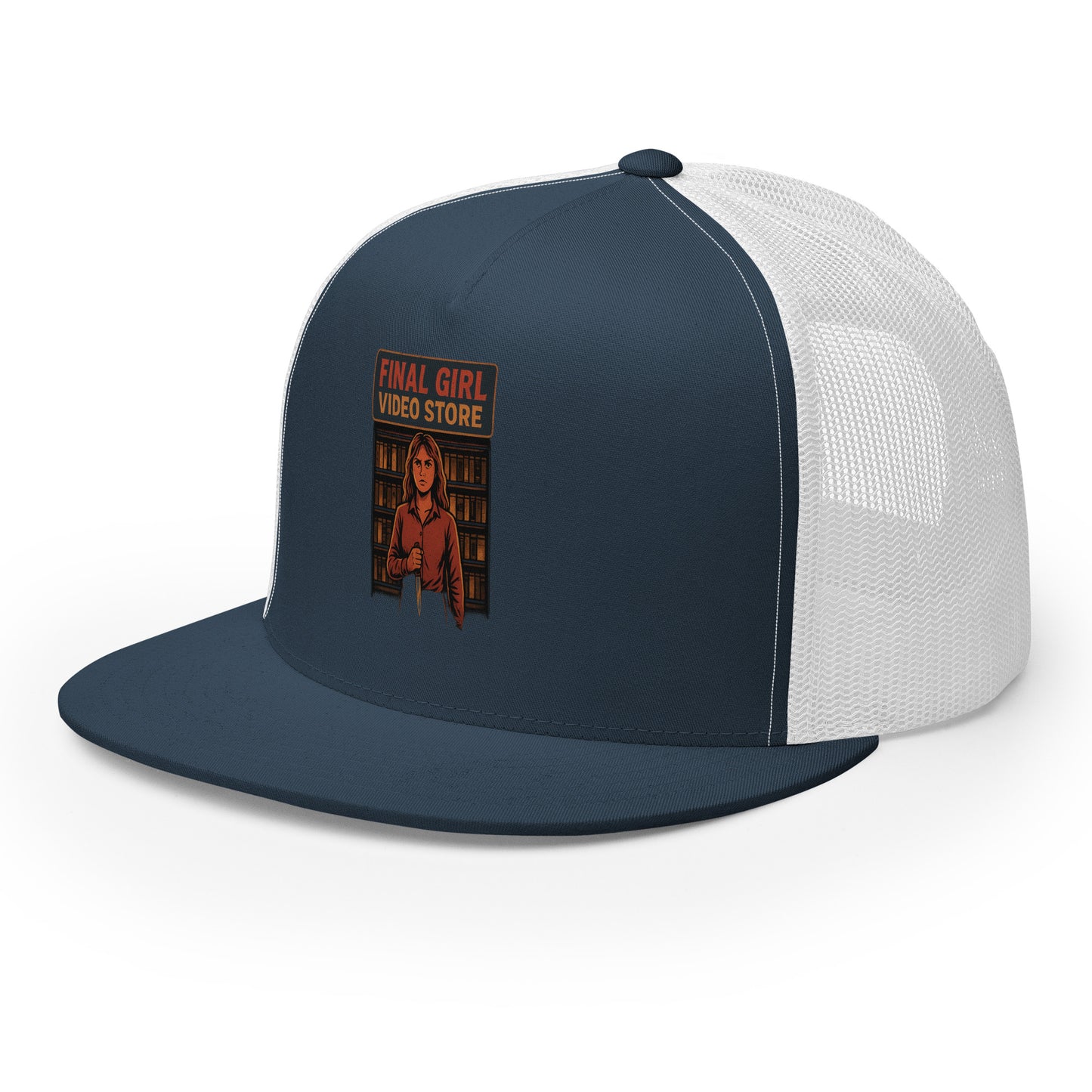 Final Girl Video Store Trucker Cap from Rare Plus Apparel – unique movie & pop culture inspired design.