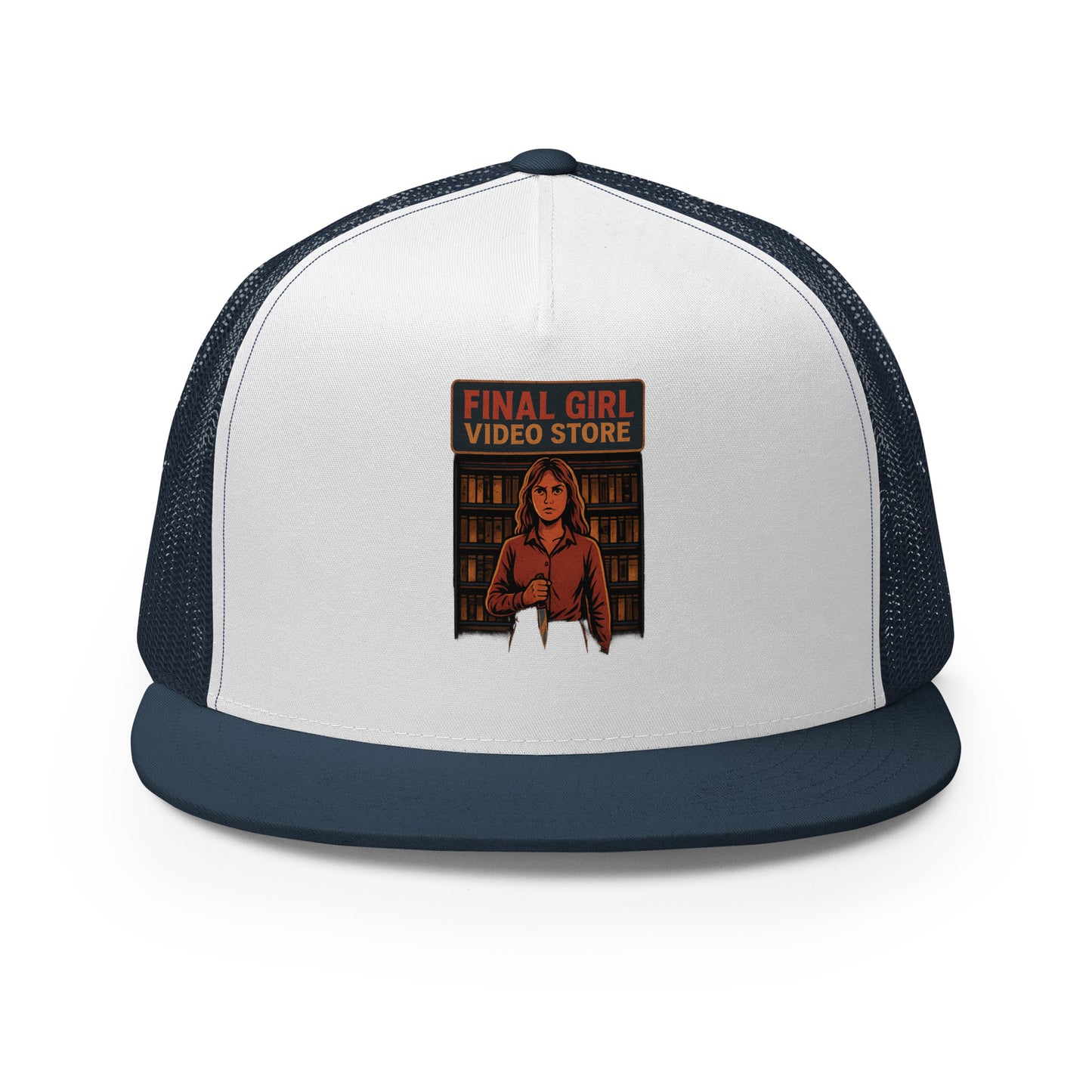 Final Girl Video Store Trucker Cap from Rare Plus Apparel – unique movie & pop culture inspired design.
