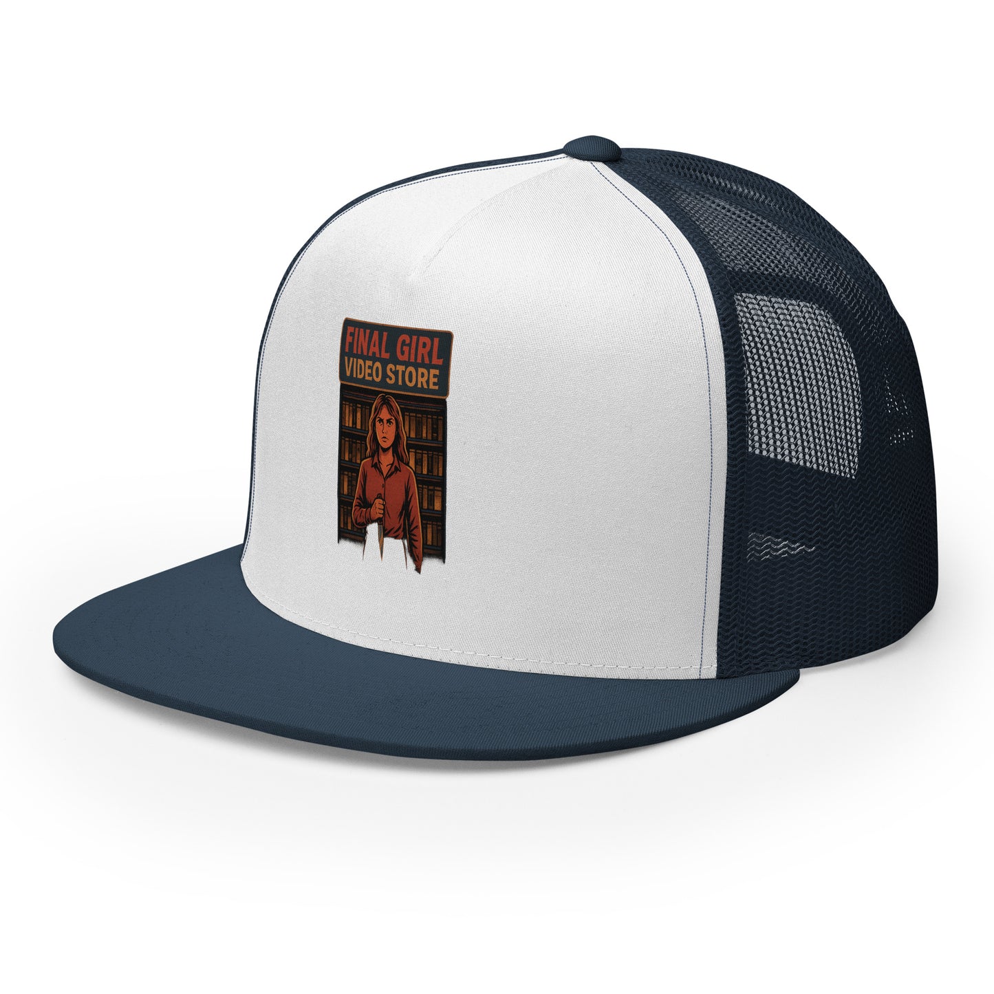 Final Girl Video Store Trucker Cap from Rare Plus Apparel – unique movie & pop culture inspired design.
