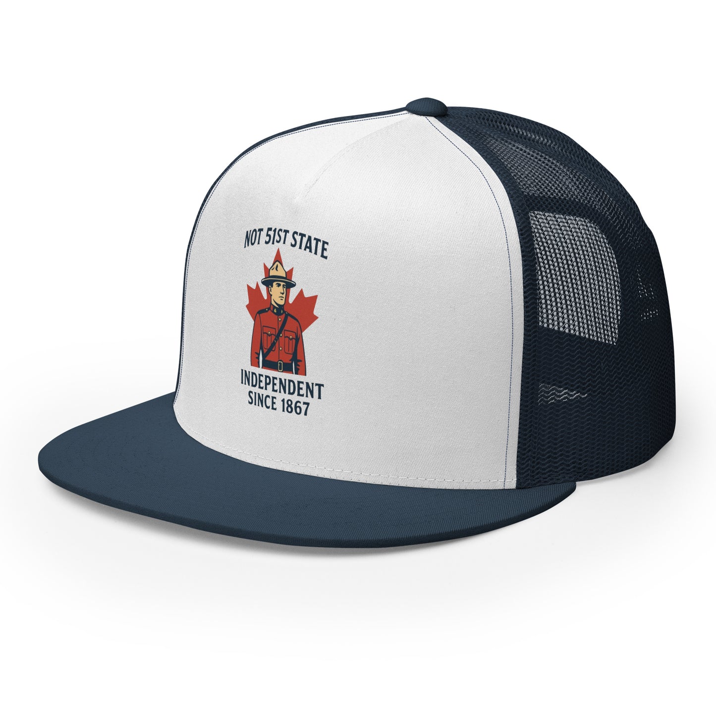 Not 51st State Mountie Trucker Cap from Rare Plus Apparel – unique movie & pop culture inspired design.
