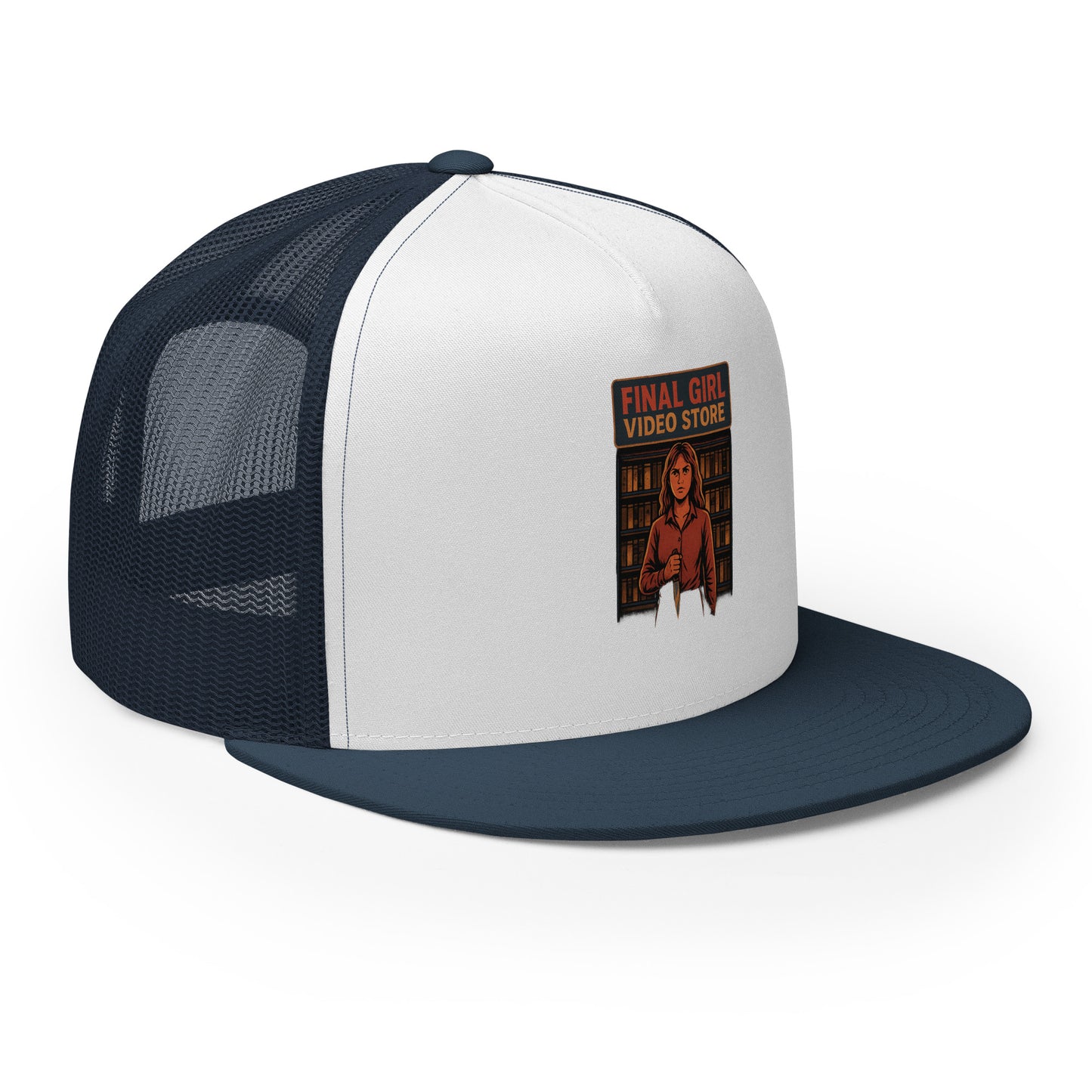 Final Girl Video Store Trucker Cap from Rare Plus Apparel – unique movie & pop culture inspired design.