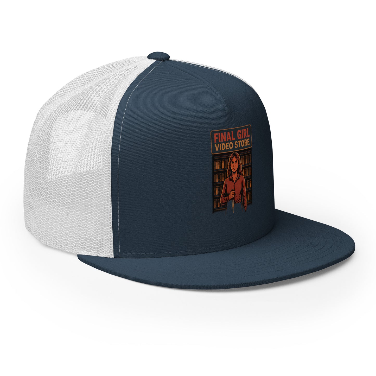 Final Girl Video Store Trucker Cap from Rare Plus Apparel – unique movie & pop culture inspired design.