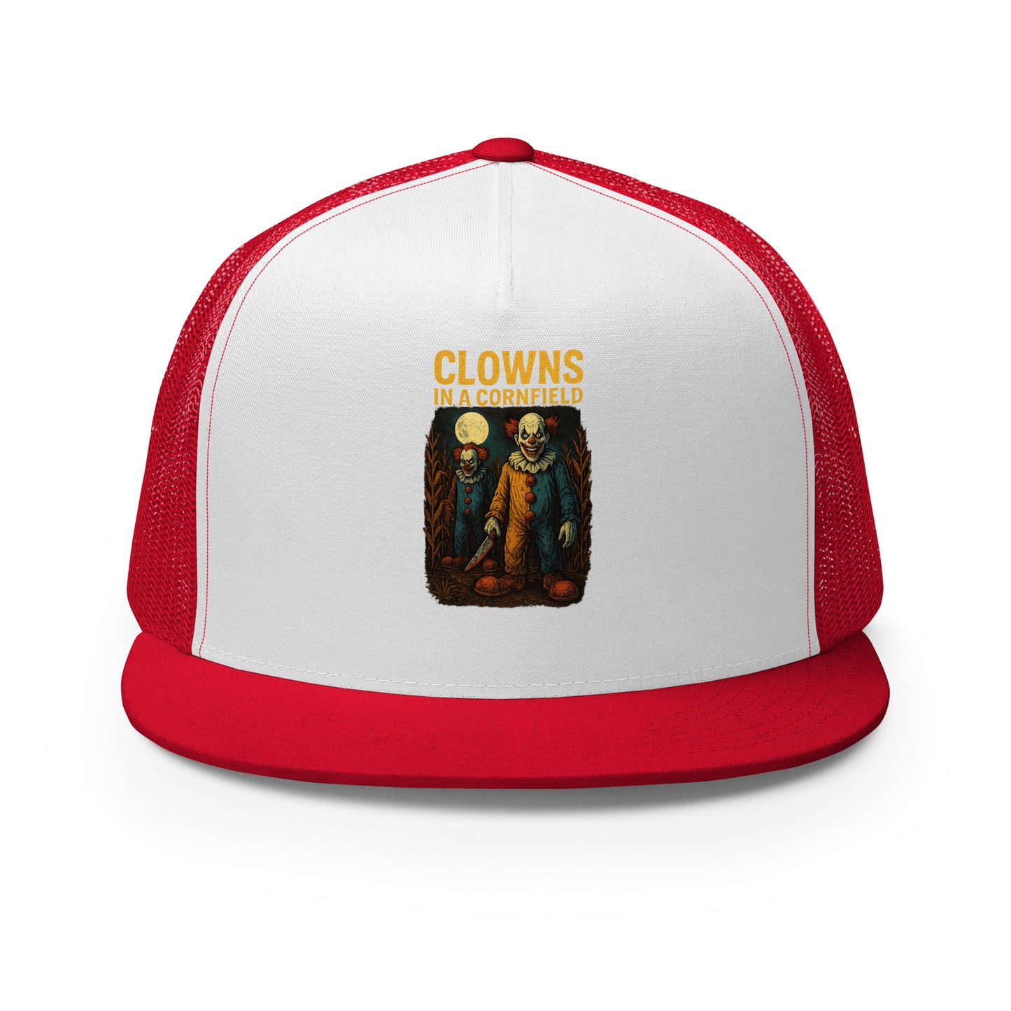 Clowns in a Cornfield Trucker Cap from Rare Plus Apparel – unique movie & pop culture inspired design.