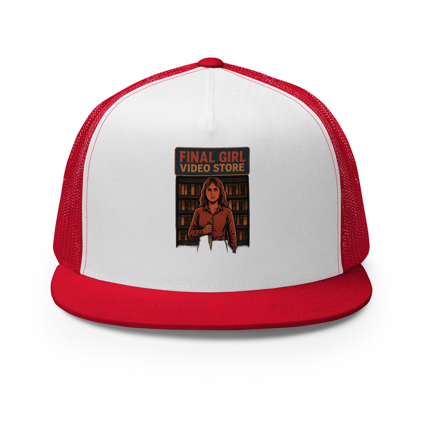 Final Girl Video Store Trucker Cap from Rare Plus Apparel – unique movie & pop culture inspired design.
