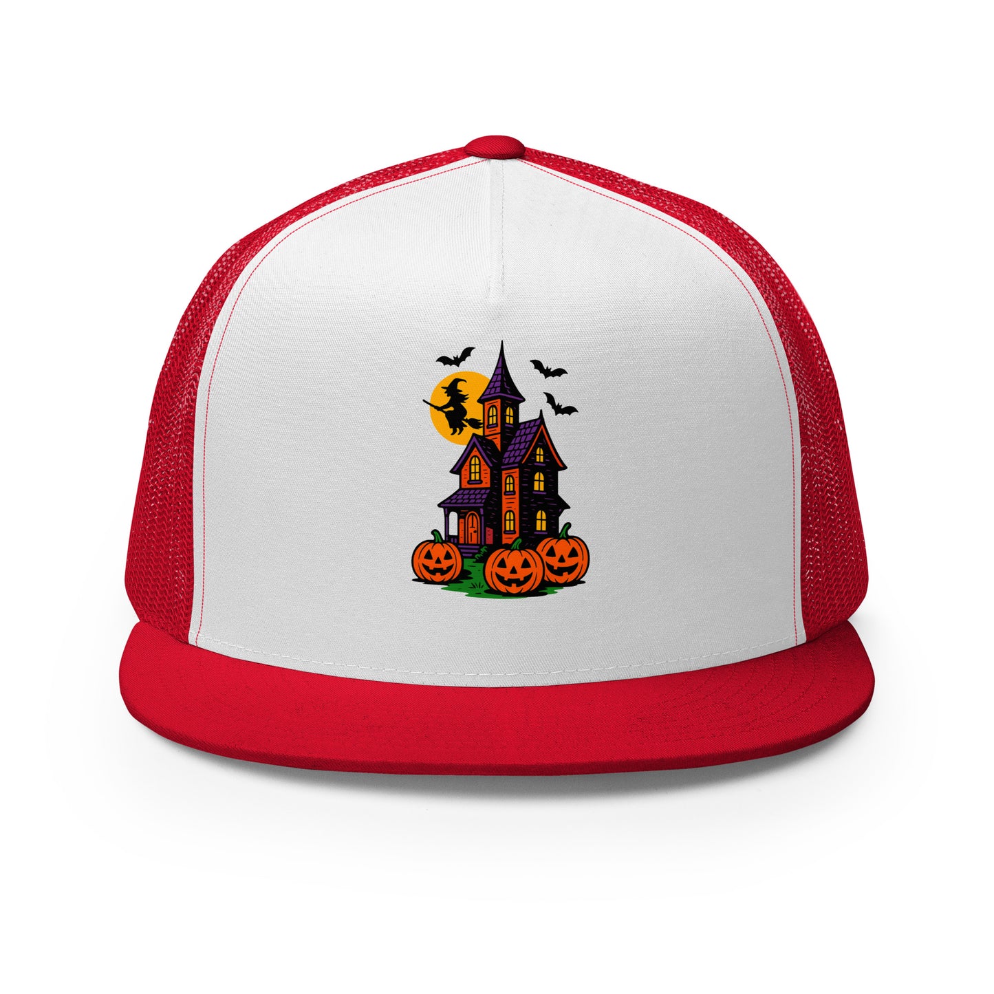 Haunted Halloween House Trucker Cap from Rare Plus Apparel – unique movie & pop culture inspired design.