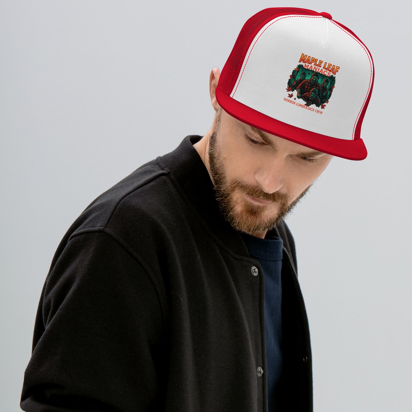 Maple Leaf Maniacs Trucker Cap from Rare Plus Apparel – unique movie & pop culture inspired design.