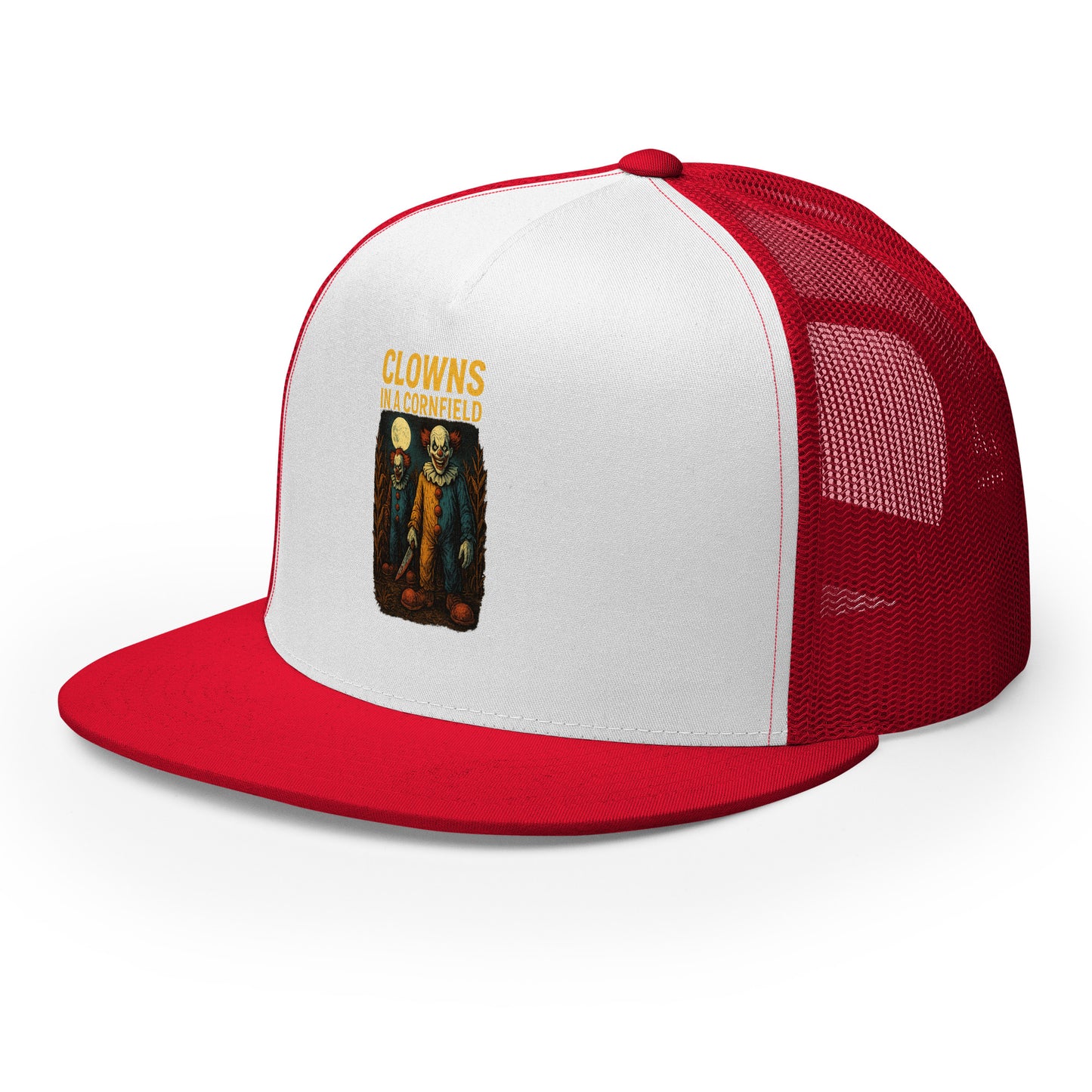 Clowns in a Cornfield Trucker Cap from Rare Plus Apparel – unique movie & pop culture inspired design.