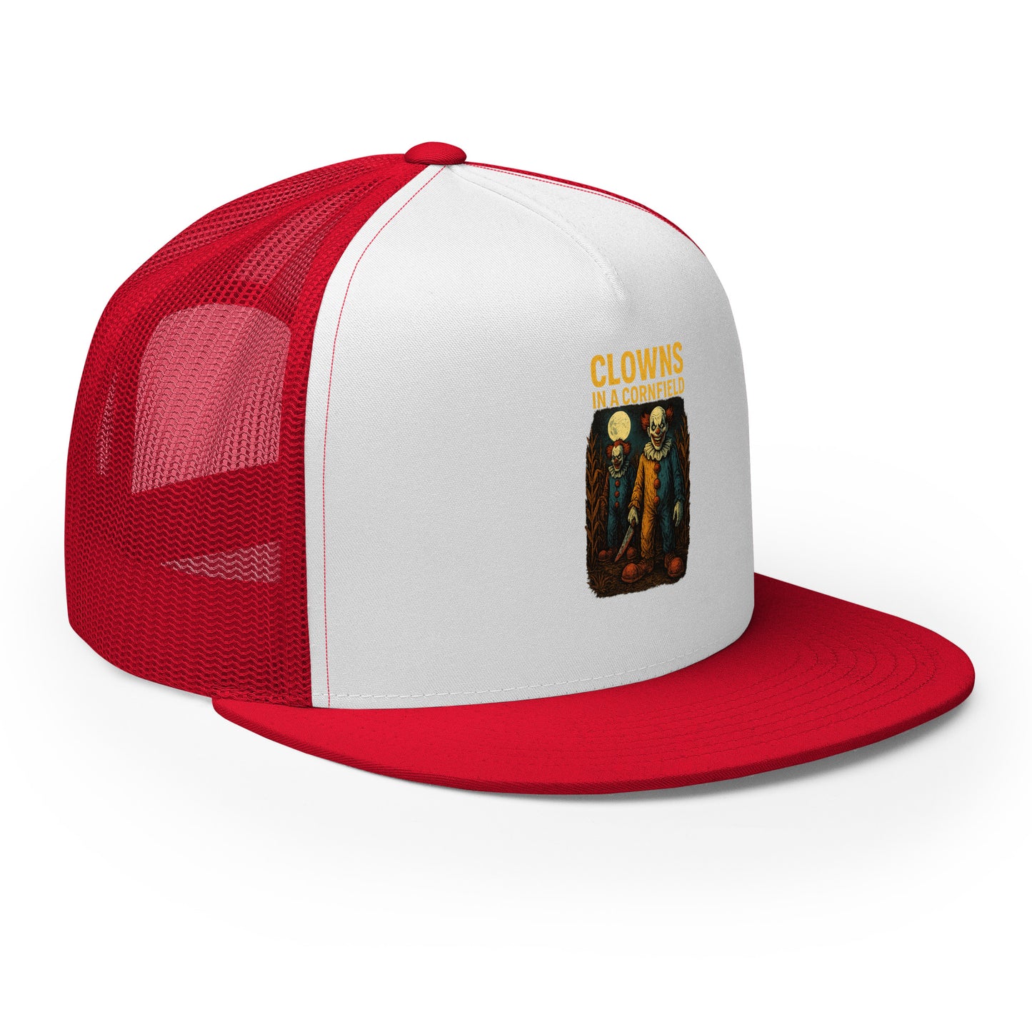 Clowns in a Cornfield Trucker Cap from Rare Plus Apparel – unique movie & pop culture inspired design.