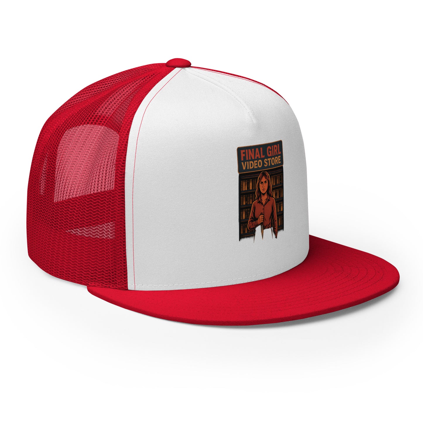 Final Girl Video Store Trucker Cap from Rare Plus Apparel – unique movie & pop culture inspired design.
