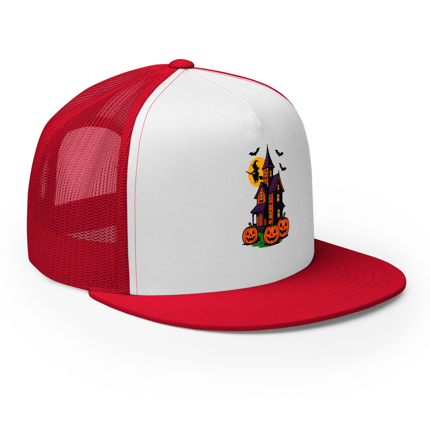Haunted Halloween House Trucker Cap from Rare Plus Apparel – unique movie & pop culture inspired design.