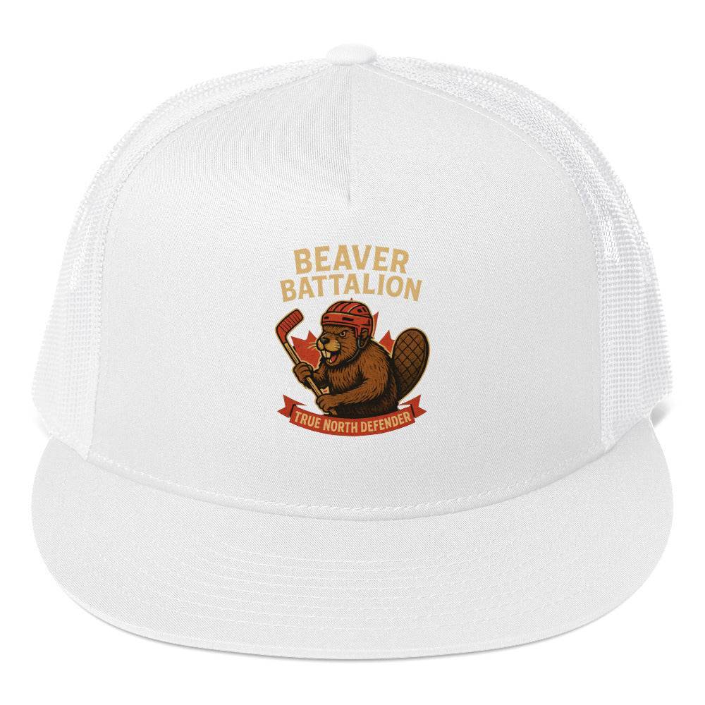 Beaver Battalion – True North Defender Trucker Cap from Rare Plus Apparel – unique movie & pop culture inspired design.
