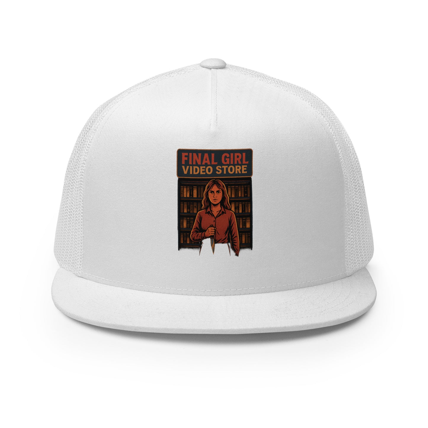Final Girl Video Store Trucker Cap from Rare Plus Apparel – unique movie & pop culture inspired design.