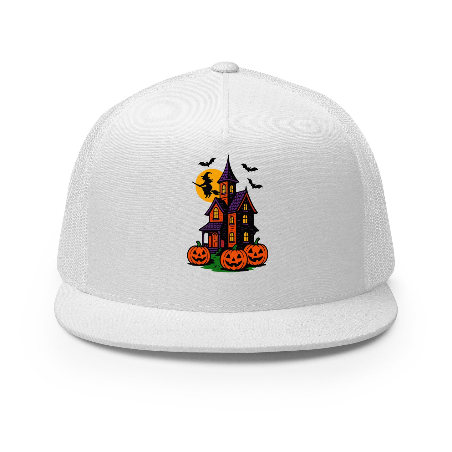 Haunted Halloween House Trucker Cap from Rare Plus Apparel – unique movie & pop culture inspired design.