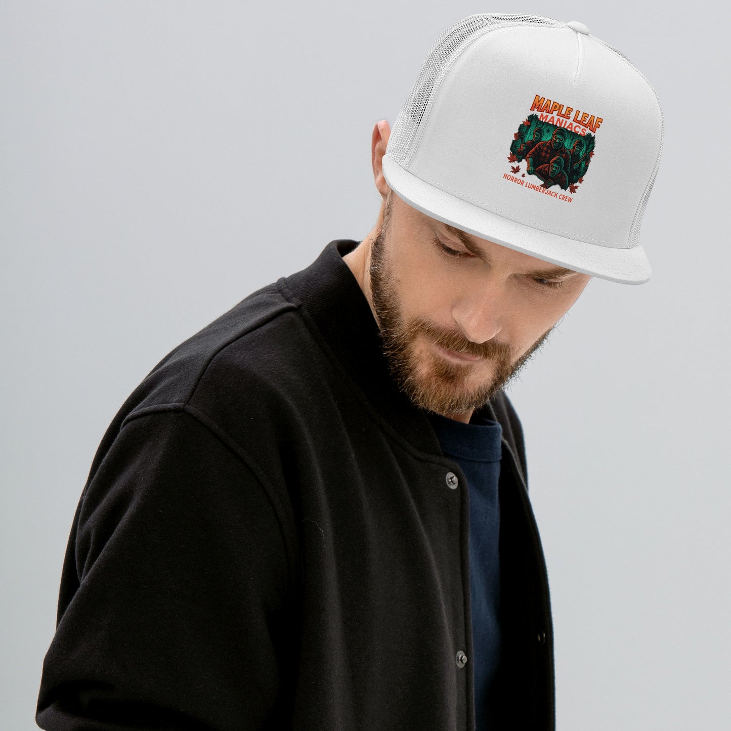 Maple Leaf Maniacs Trucker Cap from Rare Plus Apparel – unique movie & pop culture inspired design.