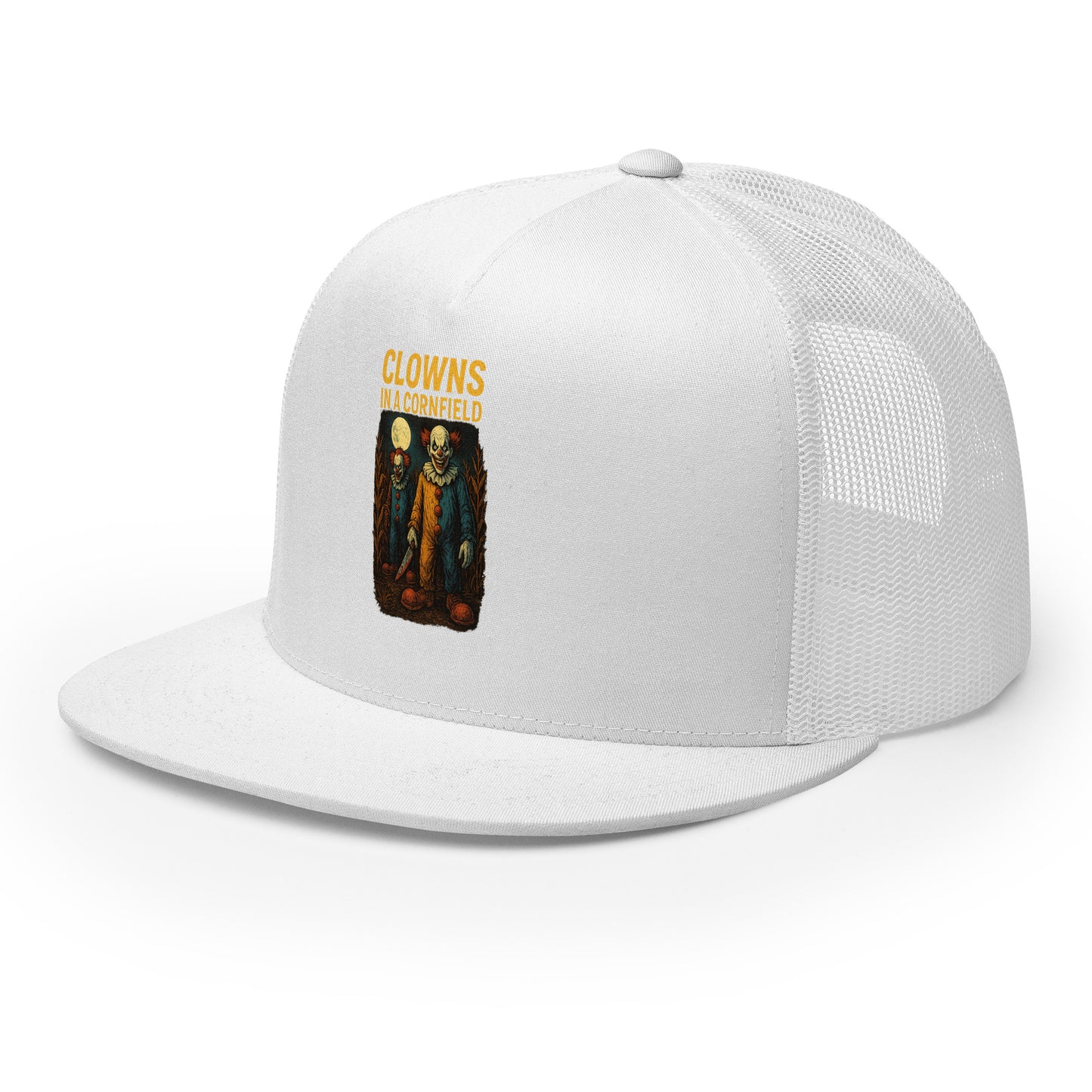 Clowns in a Cornfield Trucker Cap from Rare Plus Apparel – unique movie & pop culture inspired design.