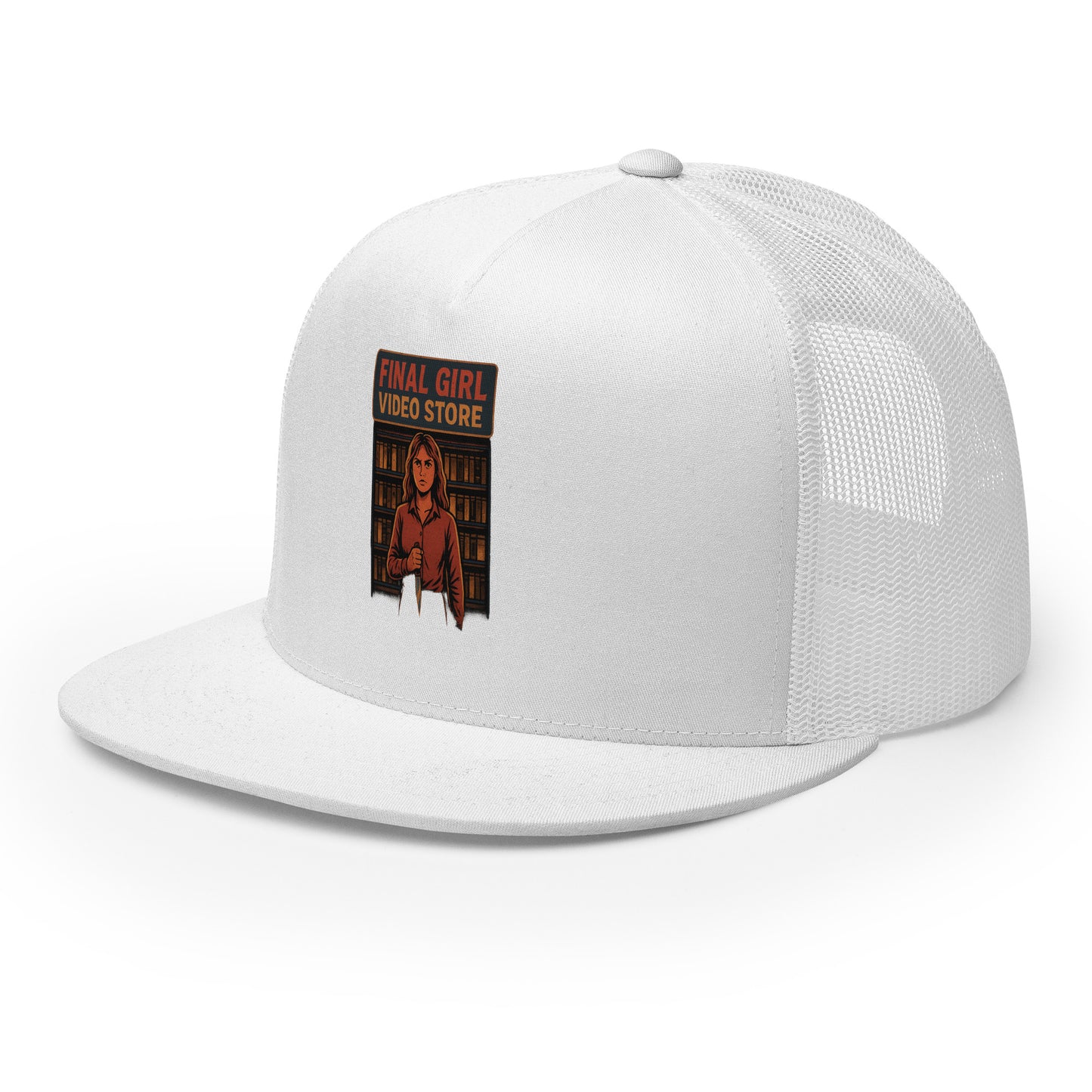 Final Girl Video Store Trucker Cap from Rare Plus Apparel – unique movie & pop culture inspired design.