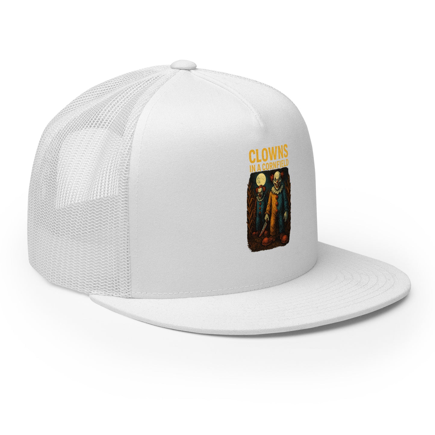 Clowns in a Cornfield Trucker Cap from Rare Plus Apparel – unique movie & pop culture inspired design.