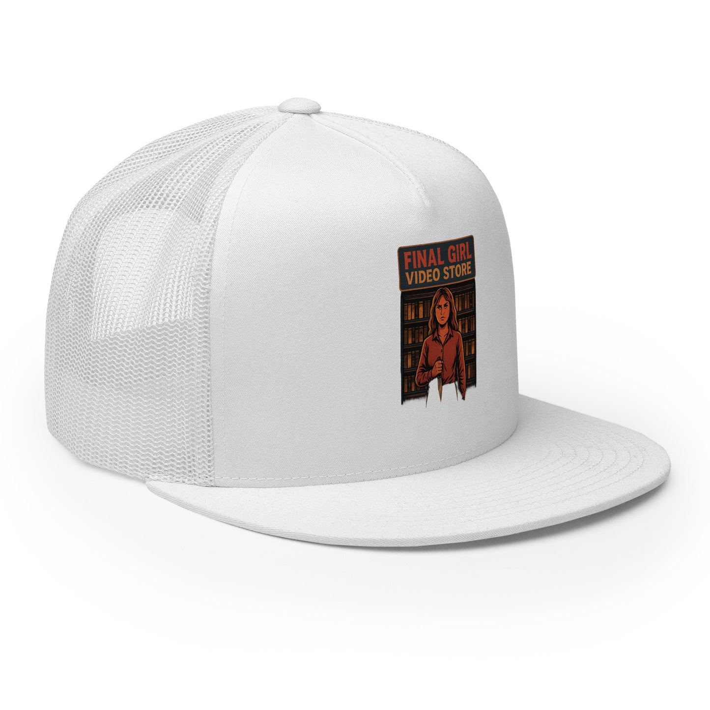 Final Girl Video Store Trucker Cap from Rare Plus Apparel – unique movie & pop culture inspired design.