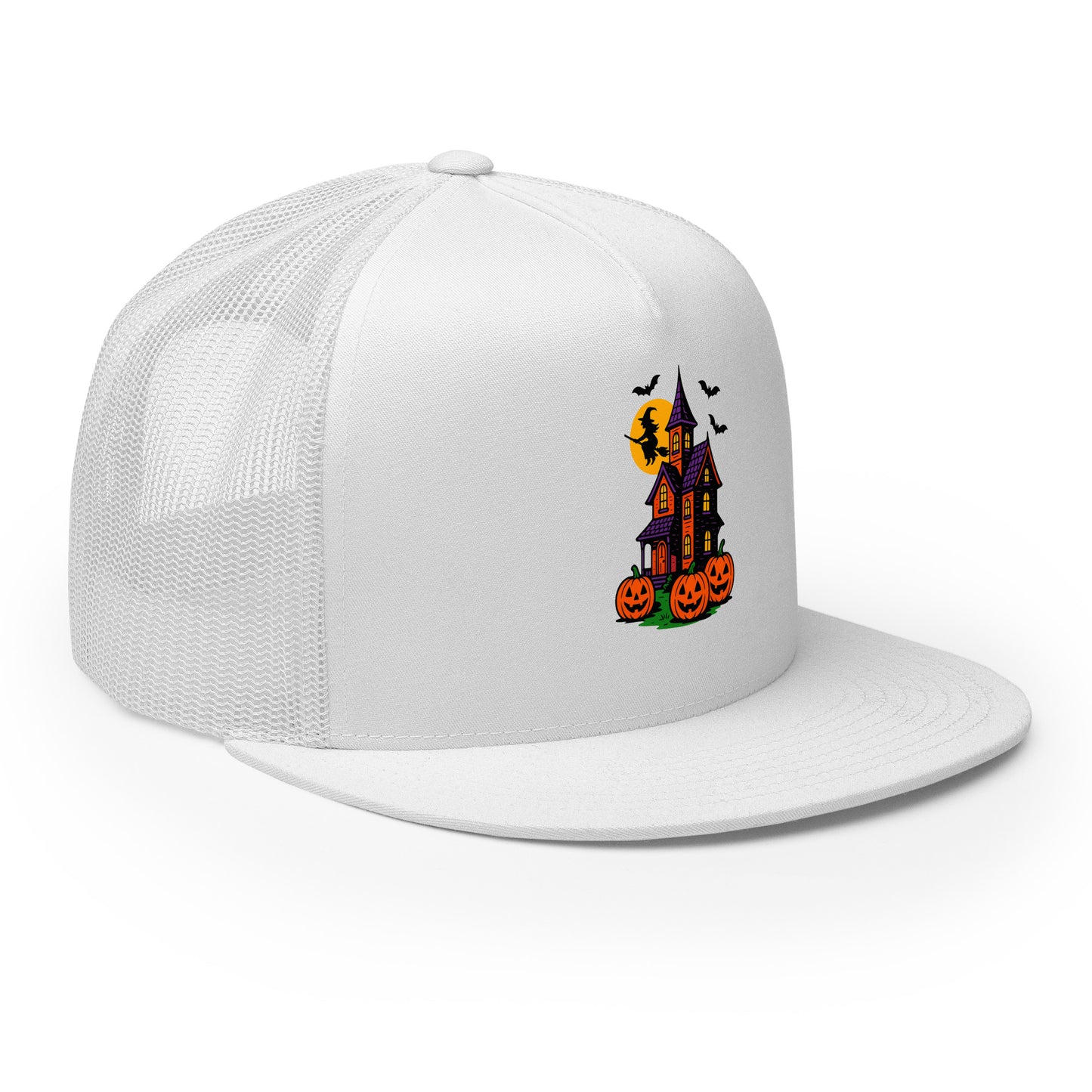 Haunted Halloween House Trucker Cap from Rare Plus Apparel – unique movie & pop culture inspired design.