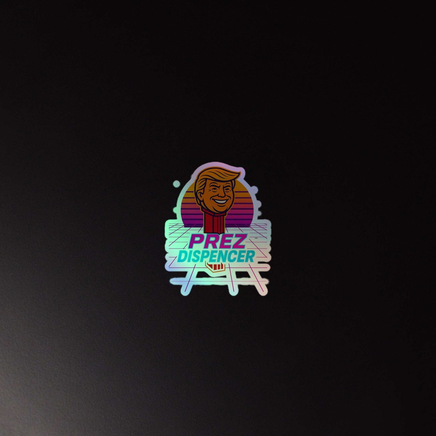 Prez Dispencer – Retro 80s Parody Holographic stickers from Rare Plus Apparel – unique movie & pop culture inspired design.