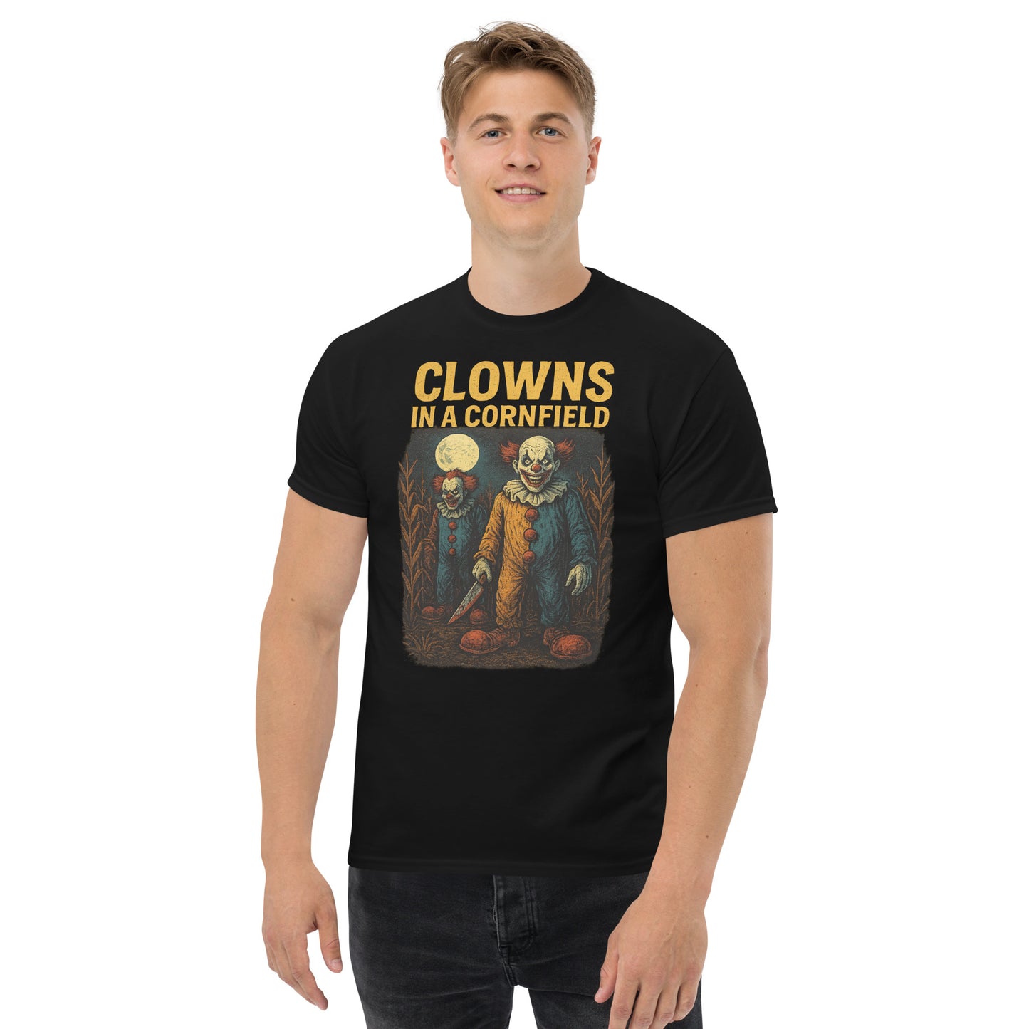 Clowns in a Cornfield Unisex classic tee from Rare Plus Apparel – unique movie & pop culture inspired design.