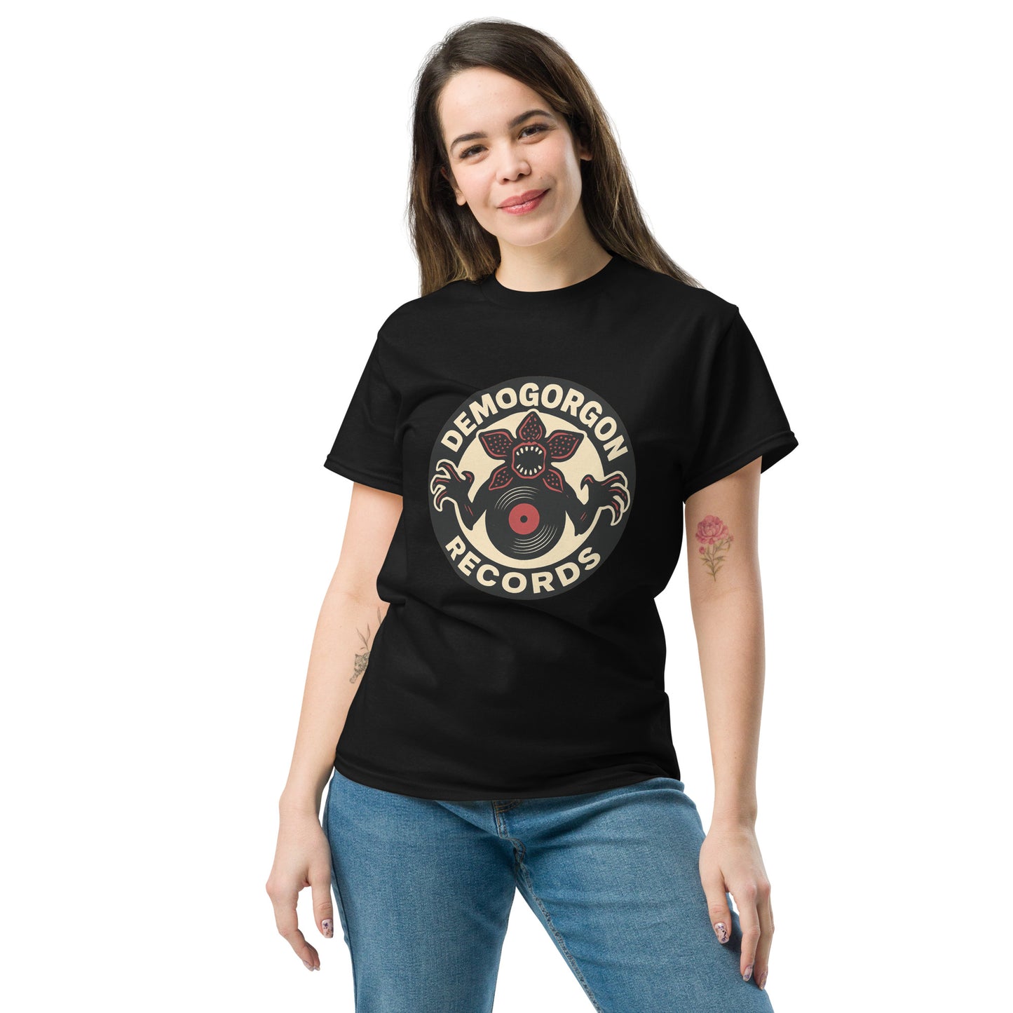 Demogorgon Records Unisex classic tee from Rare Plus Apparel – unique movie & pop culture inspired design.