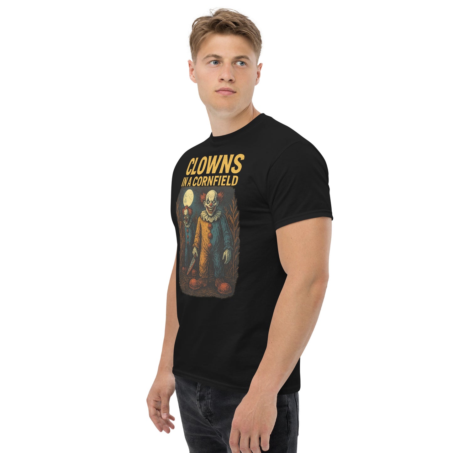 Clowns in a Cornfield Unisex classic tee from Rare Plus Apparel – unique movie & pop culture inspired design.