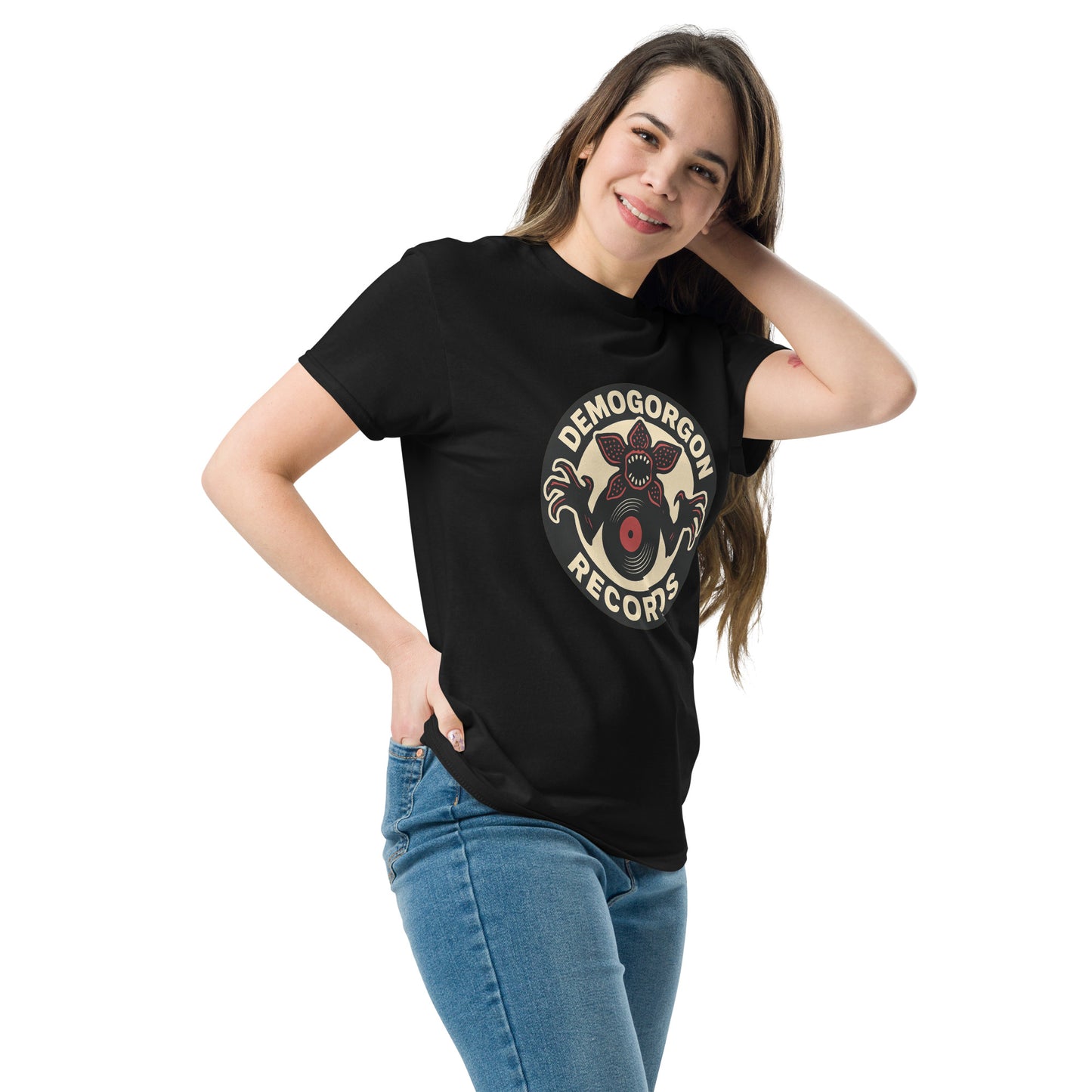 Demogorgon Records Unisex classic tee from Rare Plus Apparel – unique movie & pop culture inspired design.