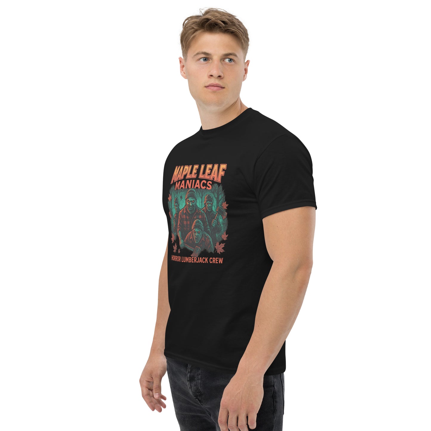 Maple Leaf Maniacs – Horror Lumberjack Crew Unisex classic tee from Rare Plus Apparel – unique movie & pop culture inspired design.